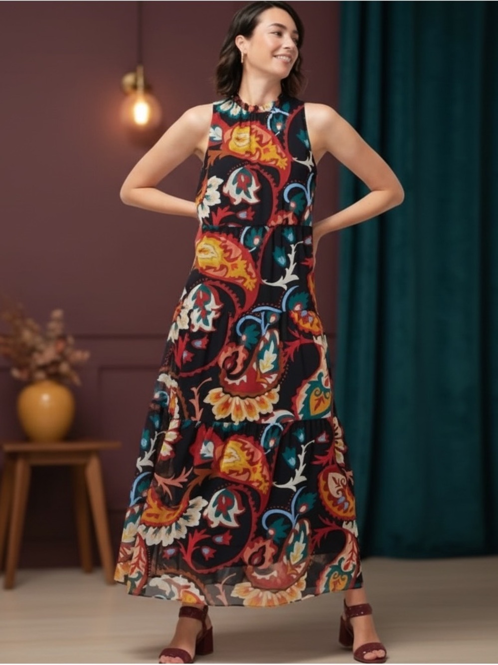 Chico’s Tiered Earthtone High Neck Ruffle Trim Sleeveless Maxi Dress 2 = 12 L